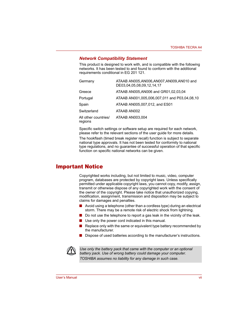 Important notice | Toshiba Tecra A4 (PTA40) User Manual | Page 7 / 204