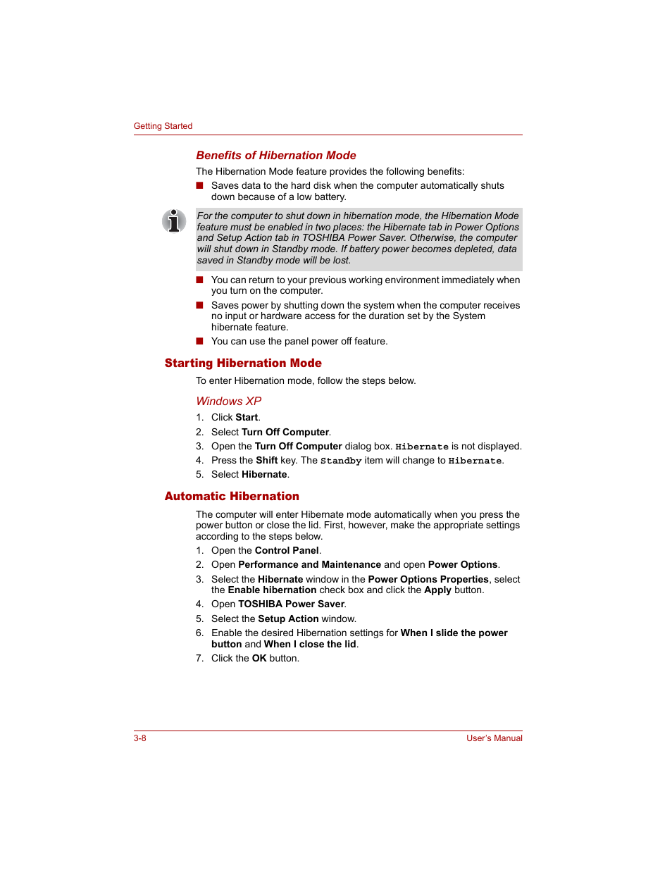 Starting hibernation mode, Automatic hibernation | Toshiba Tecra A4 (PTA40) User Manual | Page 70 / 204