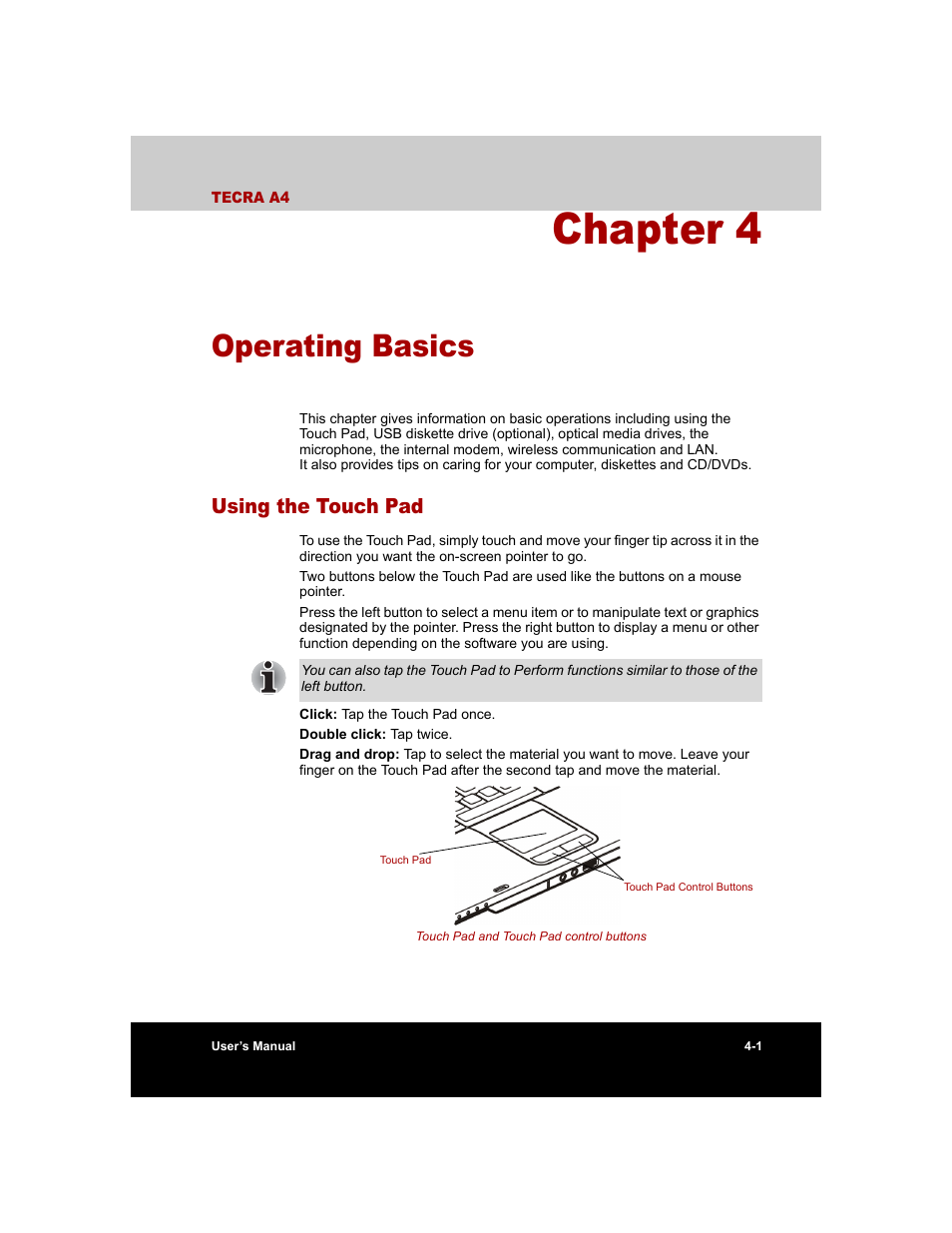 Chapter 4 - operating basics, Using the touch pad, Chapter 4 | Operating basics, Using the touch pad -1 | Toshiba Tecra A4 (PTA40) User Manual | Page 75 / 204