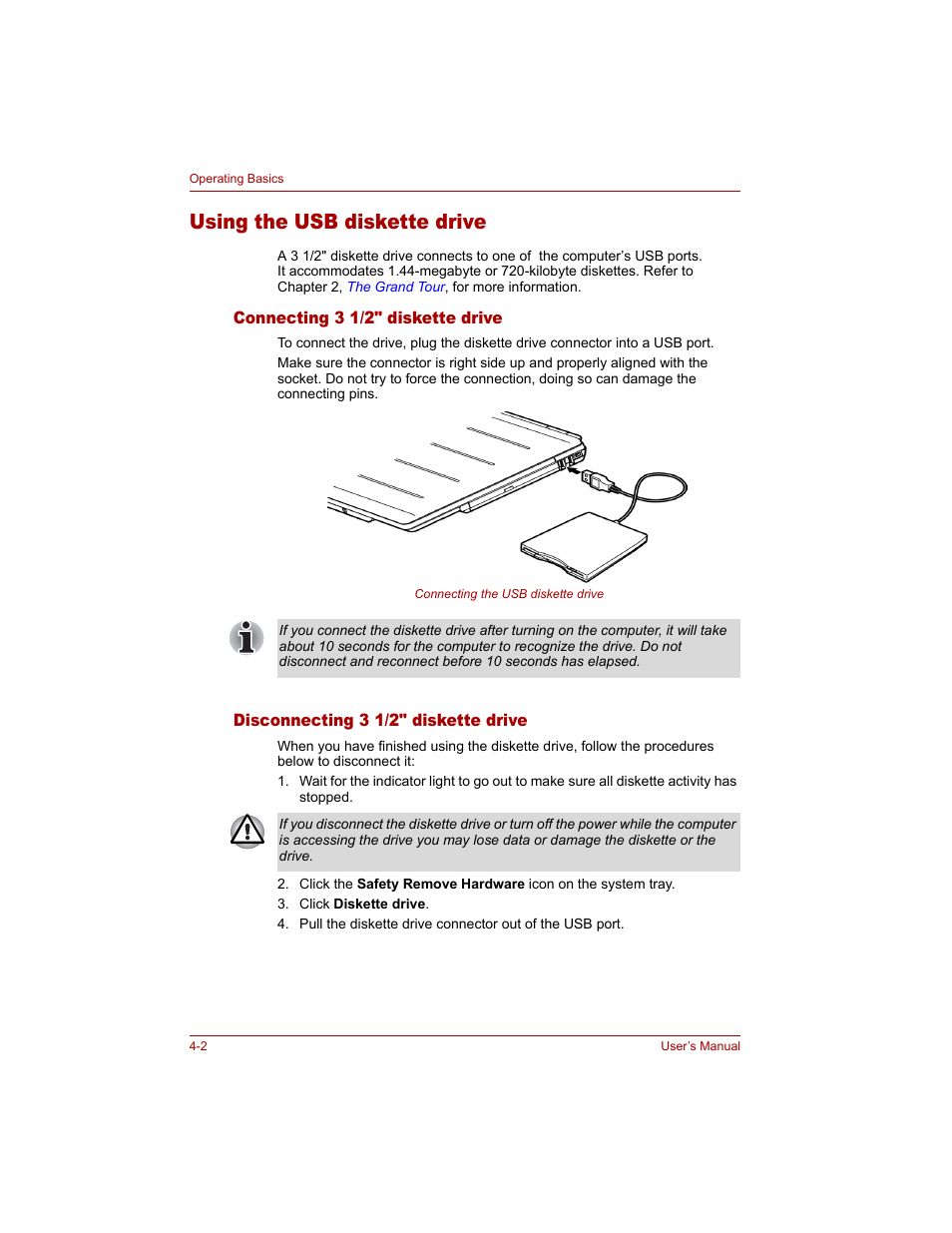 Using the usb diskette drive, Connecting 3 1/2" diskette drive, Disconnecting 3 1/2" diskette drive | Using the usb diskette drive -2 | Toshiba Tecra A4 (PTA40) User Manual | Page 76 / 204