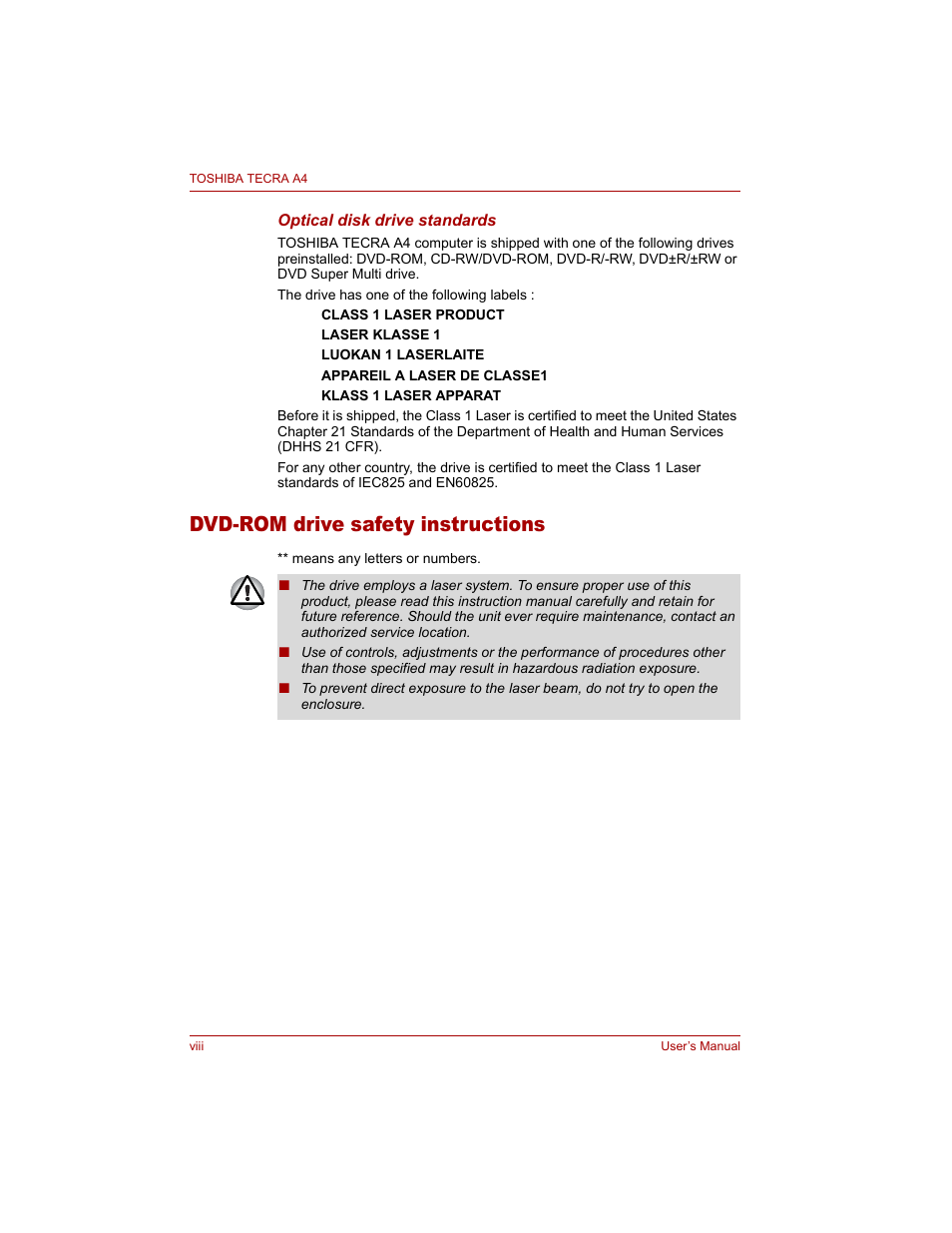 Dvd-rom drive safety instructions | Toshiba Tecra A4 (PTA40) User Manual | Page 8 / 204