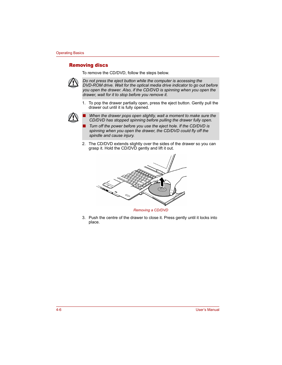 Removing discs, Removing discs -6 | Toshiba Tecra A4 (PTA40) User Manual | Page 80 / 204