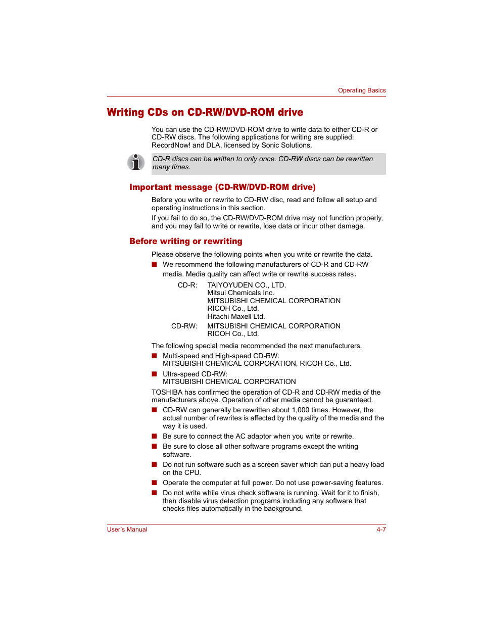 Writing cds on cd-rw/dvd-rom drive, Important message (cd-rw/dvd-rom drive), Before writing or rewriting | Writing cds on cd-rw/dvd-rom drive -7 | Toshiba Tecra A4 (PTA40) User Manual | Page 81 / 204