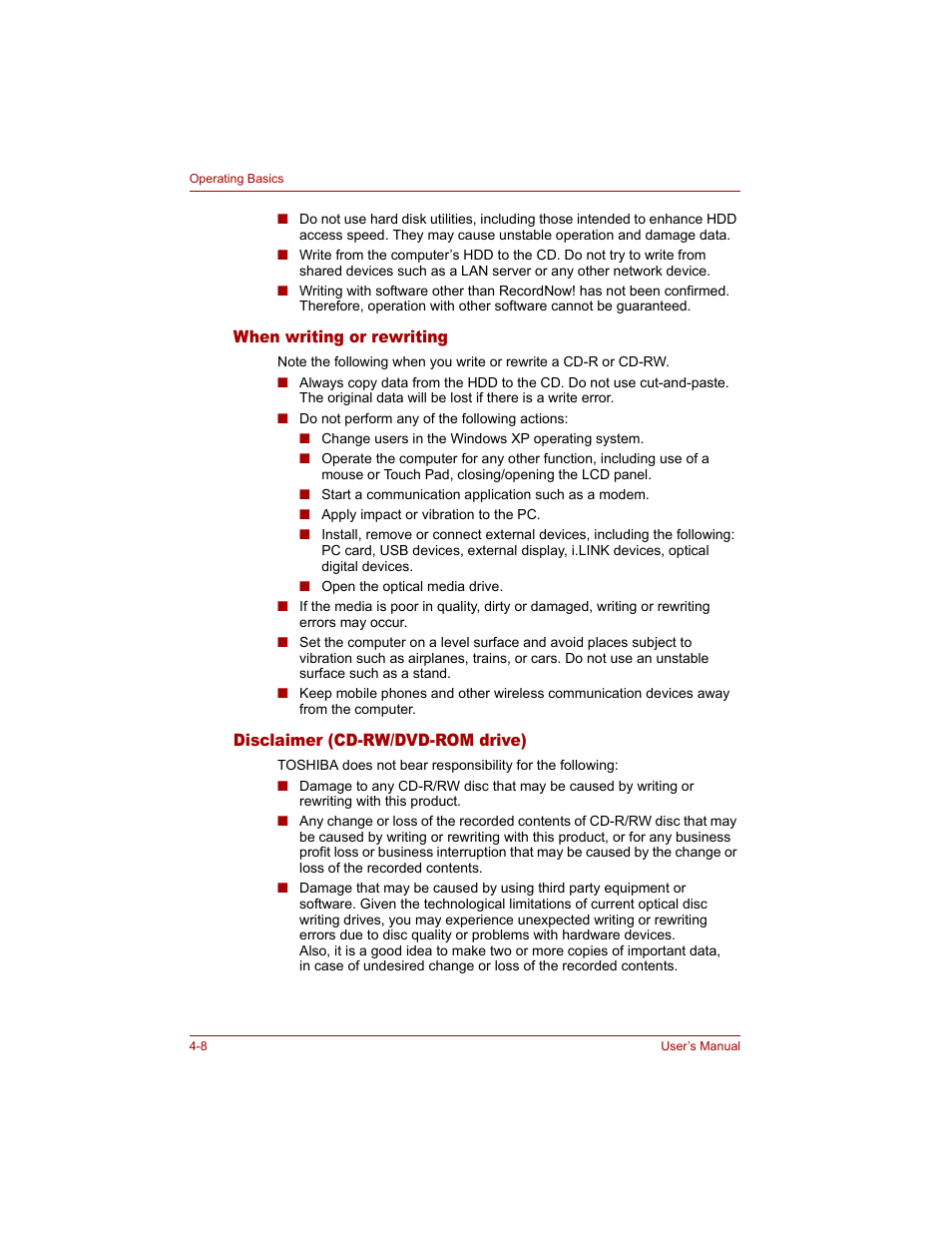 When writing or rewriting, Disclaimer (cd-rw/dvd-rom drive) | Toshiba Tecra A4 (PTA40) User Manual | Page 82 / 204