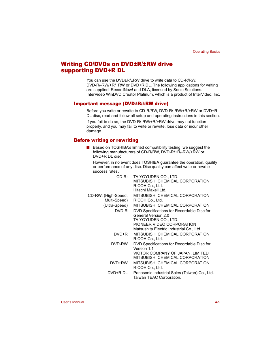 Important message (dvd±r/±rw drive), Before writing or rewriting | Toshiba Tecra A4 (PTA40) User Manual | Page 83 / 204