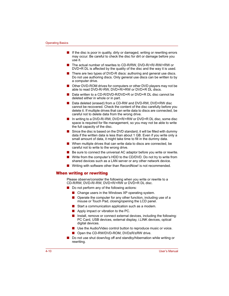 When writing or rewriting, When writing or rewriting -10 | Toshiba Tecra A4 (PTA40) User Manual | Page 84 / 204