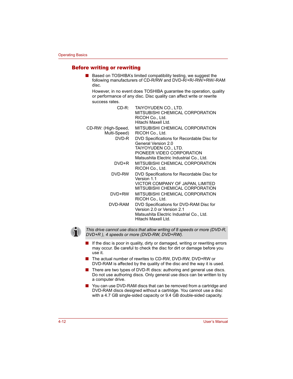 Before writing or rewriting, Before writing or rewriting -12 | Toshiba Tecra A4 (PTA40) User Manual | Page 86 / 204