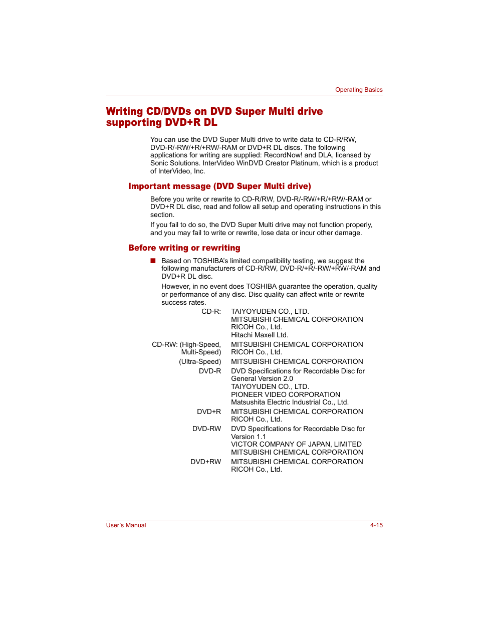 Important message (dvd super multi drive), Before writing or rewriting | Toshiba Tecra A4 (PTA40) User Manual | Page 89 / 204