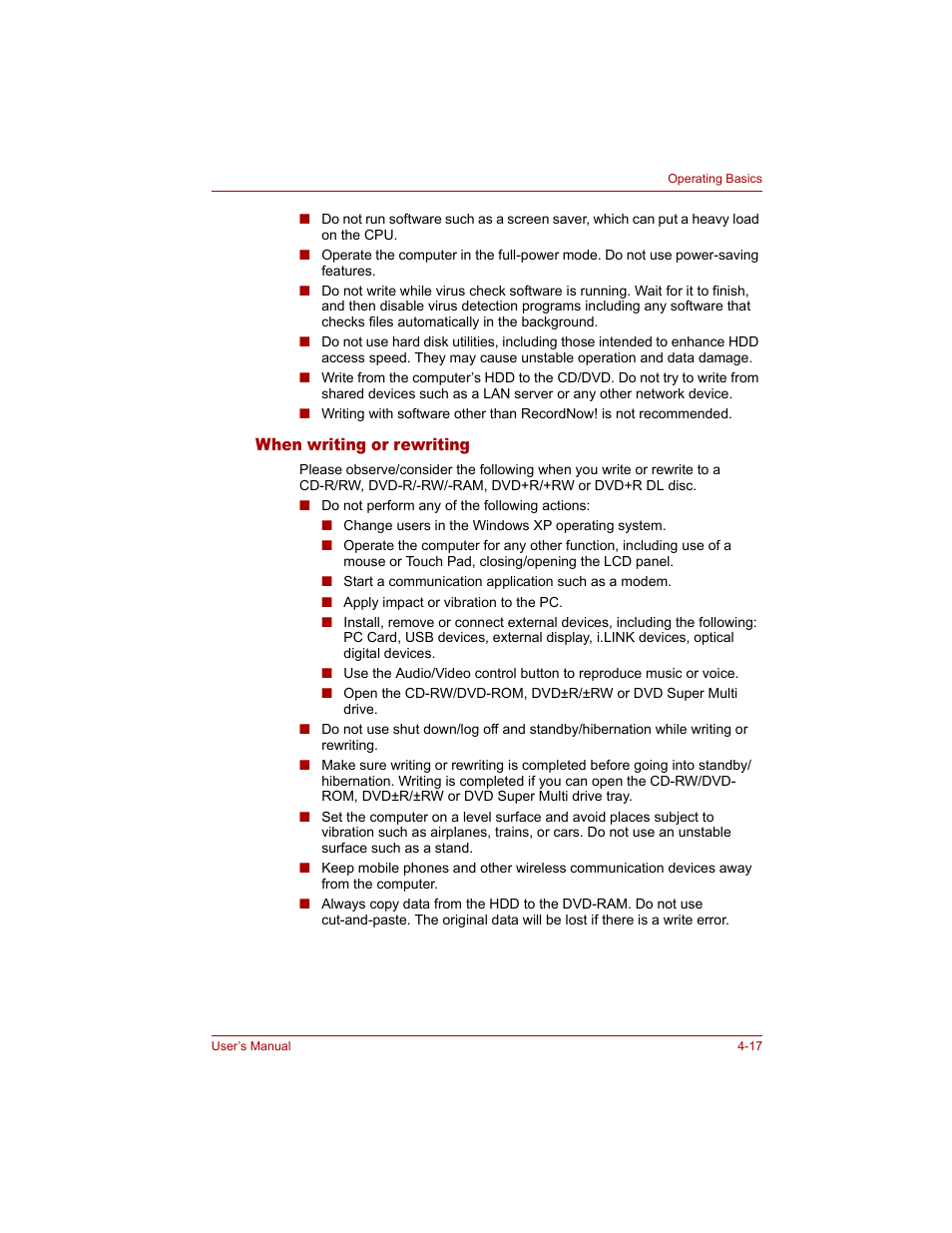 When writing or rewriting, When writing or rewriting -17 | Toshiba Tecra A4 (PTA40) User Manual | Page 91 / 204