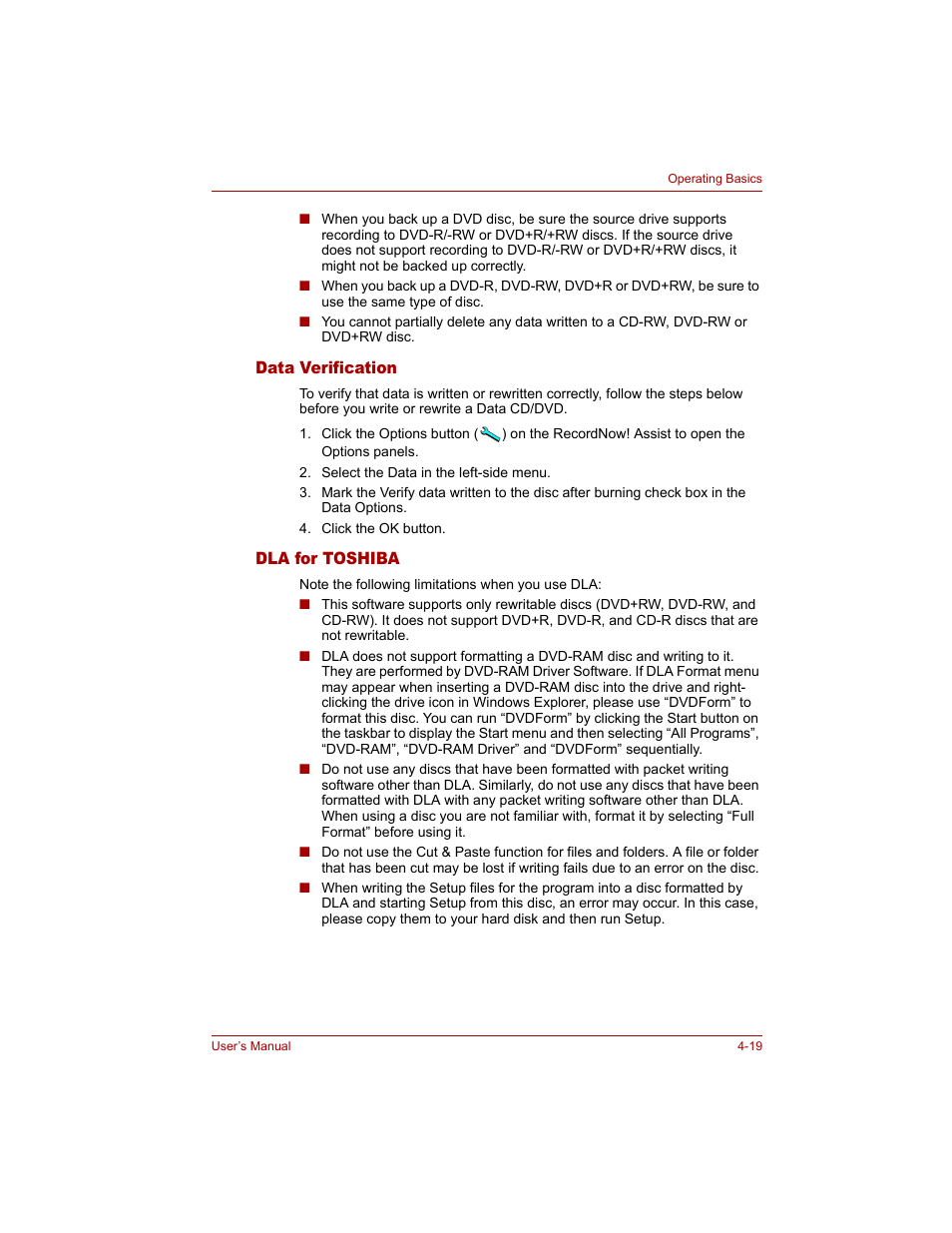 Data verification, Dla for toshiba, Data verification -19 dla for toshiba -19 | Toshiba Tecra A4 (PTA40) User Manual | Page 93 / 204