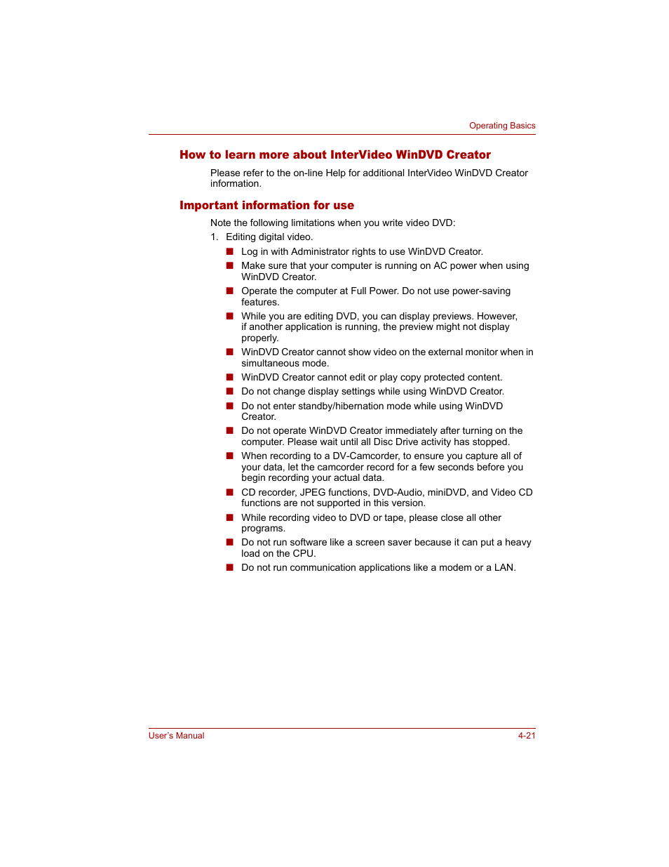 How to learn more about intervideo windvd creator, Important information for use | Toshiba Tecra A4 (PTA40) User Manual | Page 95 / 204