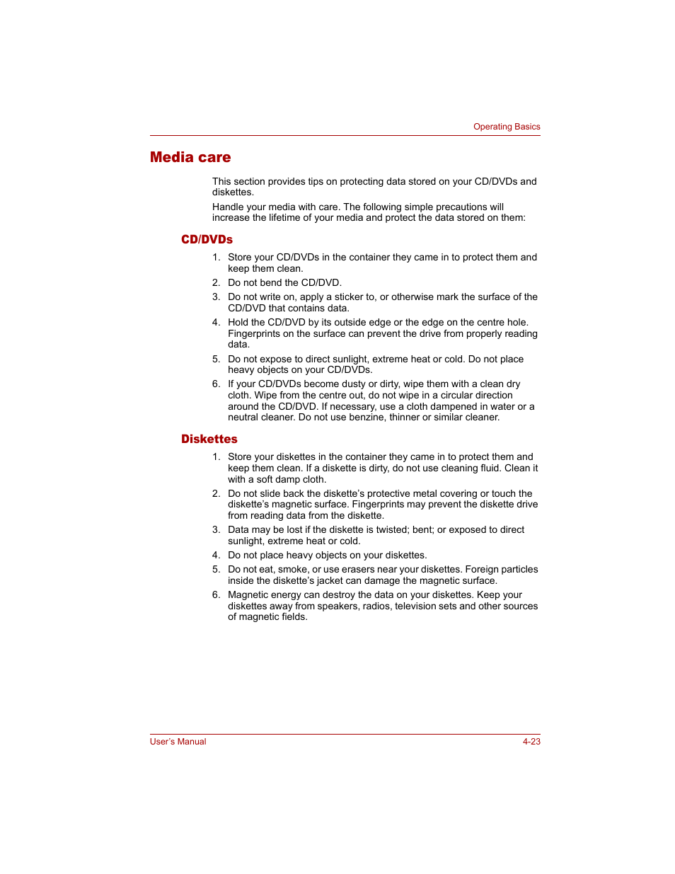 Media care, Cd/dvds, Diskettes | Media care -23, Cd/dvds -23 diskettes -23 | Toshiba Tecra A4 (PTA40) User Manual | Page 97 / 204