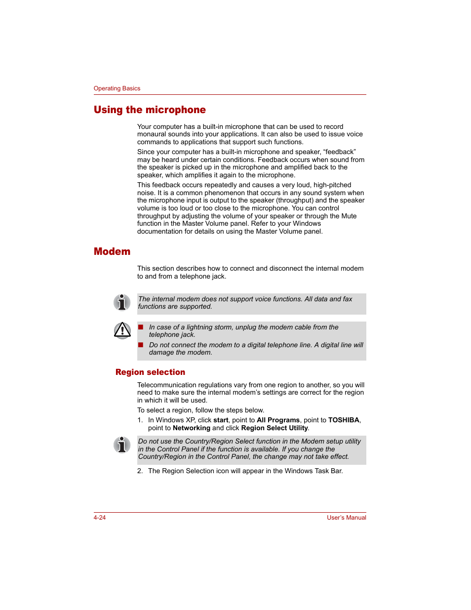 Using the microphone, Modem, Region selection | Using the microphone -24 modem -24, Region selection -24 | Toshiba Tecra A4 (PTA40) User Manual | Page 98 / 204