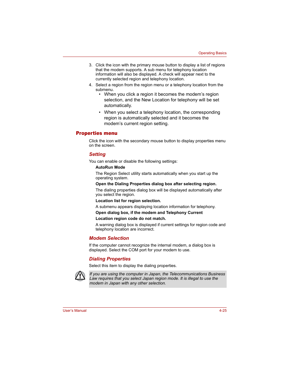 Properties menu, Properties menu -25 | Toshiba Tecra A4 (PTA40) User Manual | Page 99 / 204