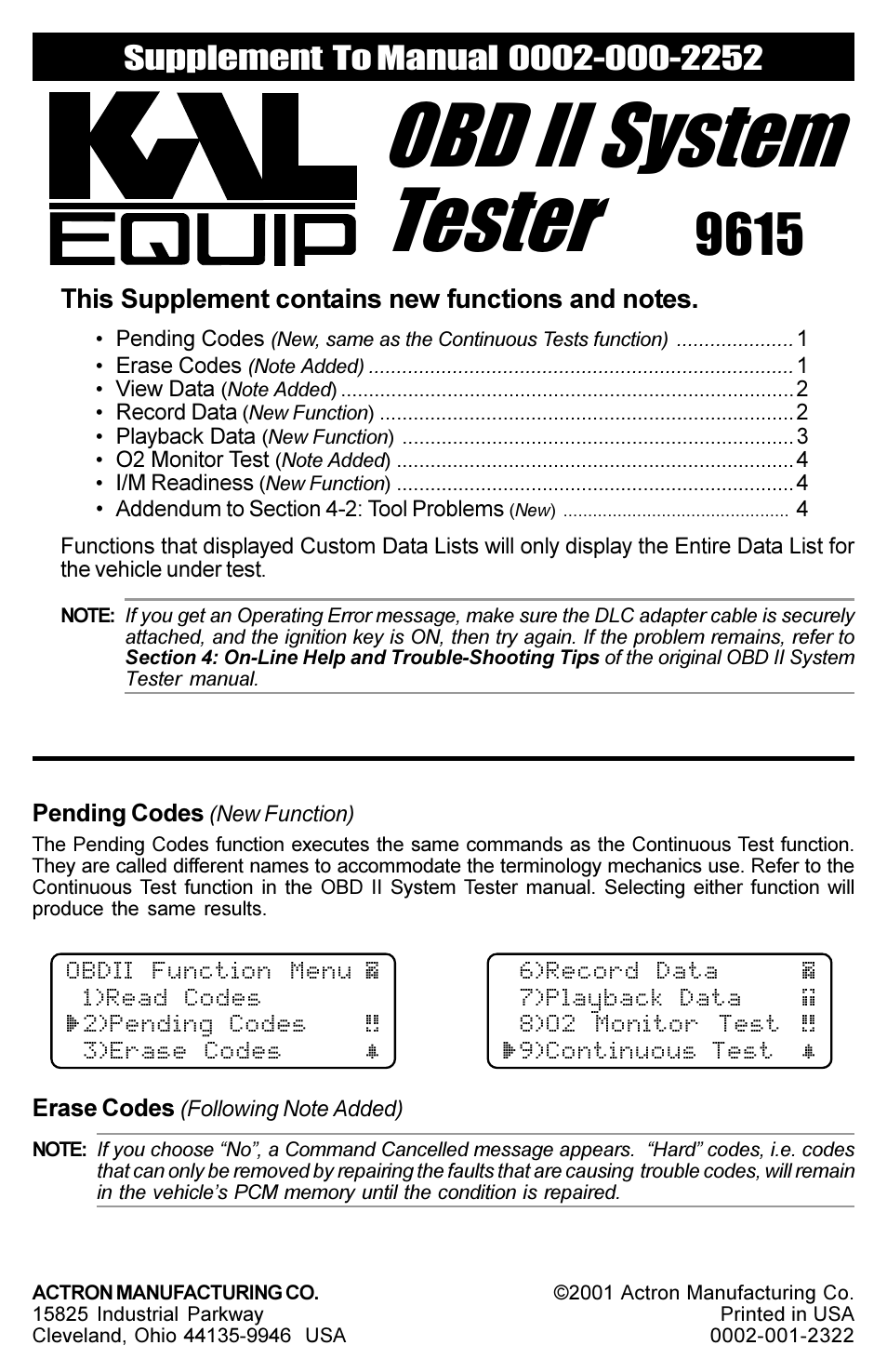 Actron OBD II System Tester 9615 User Manual | 4 pages