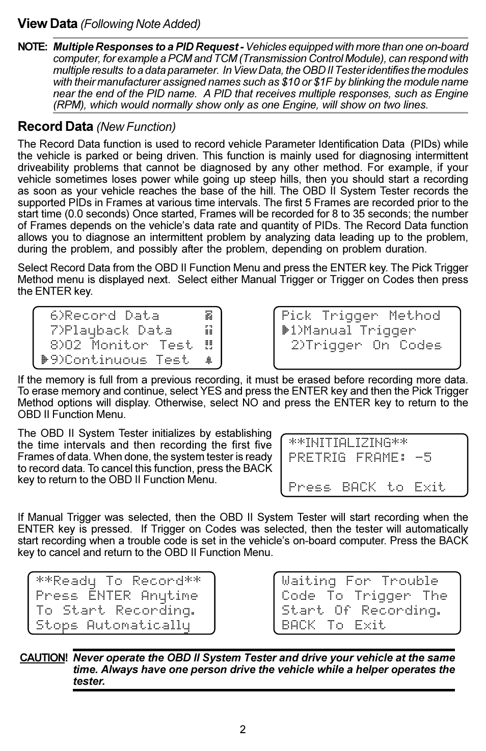 View data, Record data | Actron OBD II System Tester 9615 User Manual | Page 2 / 4