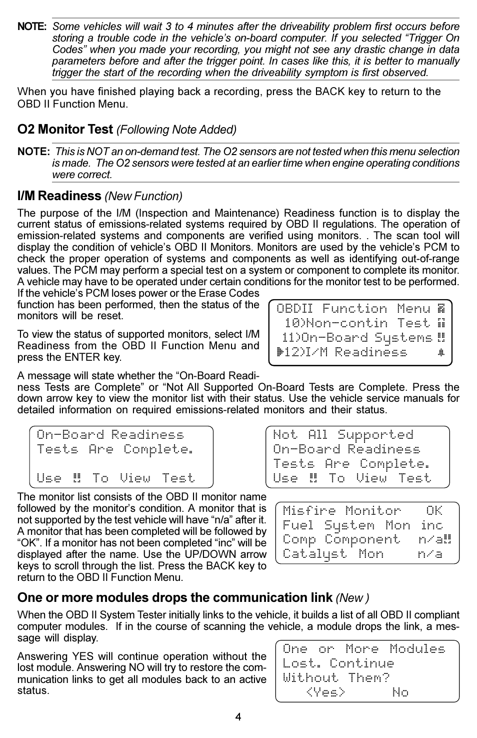 O2 monitor test, I/m readiness, One or more modules drops the communication link | Actron OBD II System Tester 9615 User Manual | Page 4 / 4