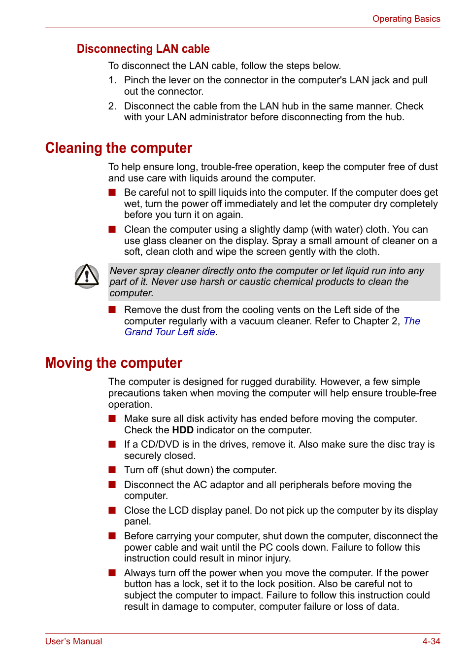 Cleaning the computer, Moving the computer, Cleaning the computer -34 moving the computer -34 | Disconnecting lan cable | Toshiba Satellite Pro P300 User Manual | Page 100 / 185