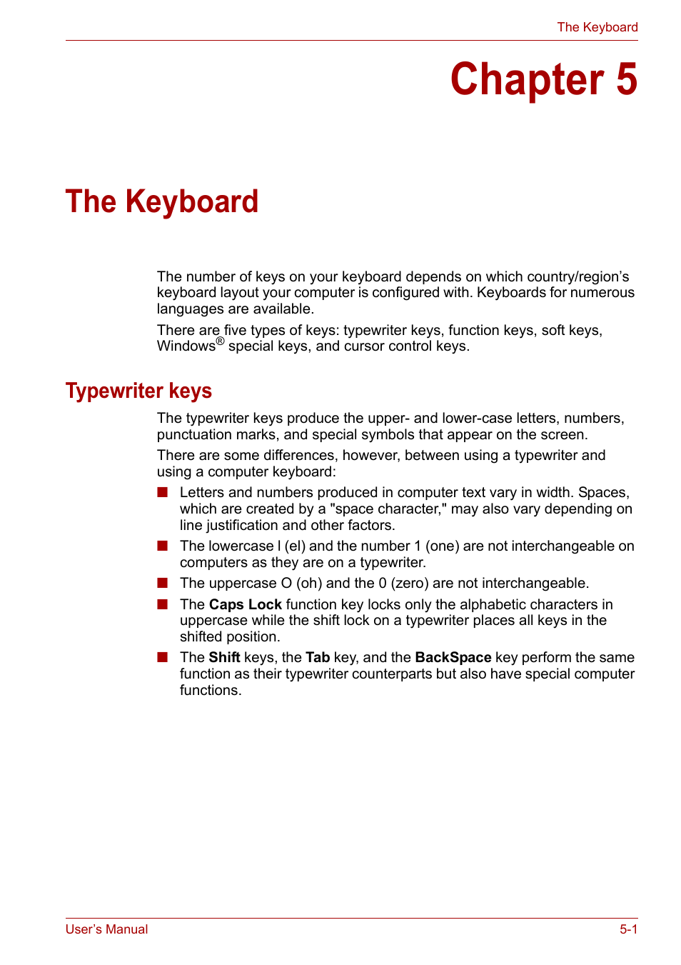 Chapter 5: the keyboard, Typewriter keys, Chapter 5 | The keyboard, Typewriter keys -1, Keyboard | Toshiba Satellite Pro P300 User Manual | Page 102 / 185