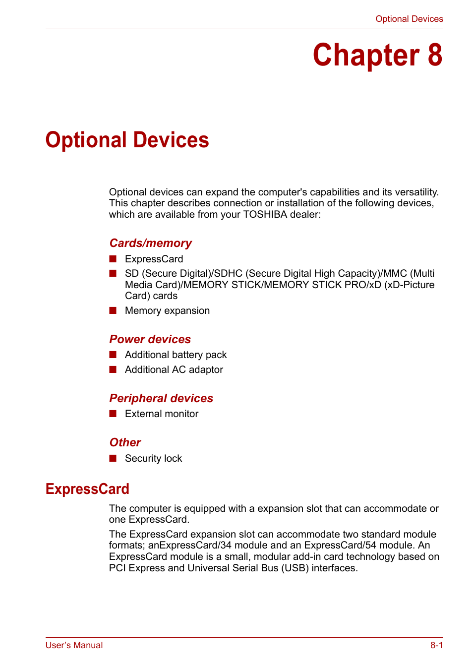 Chapter 8: optional devices, Expresscard, Chapter 8 | Optional devices, Expresscard -1 | Toshiba Satellite Pro P300 User Manual | Page 123 / 185