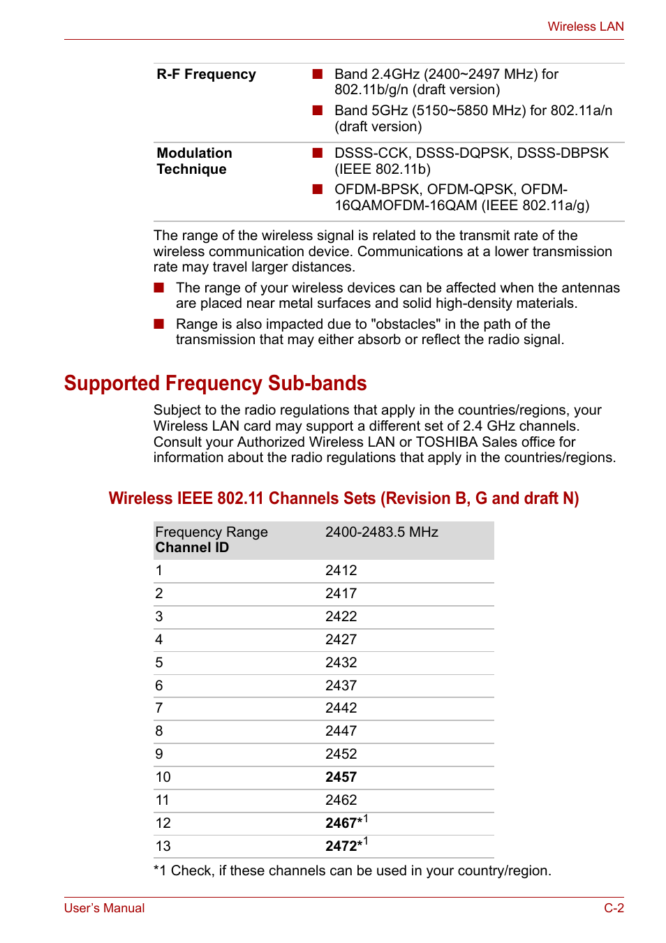 Supported frequency sub-bands | Toshiba Satellite Pro P300 User Manual | Page 159 / 185