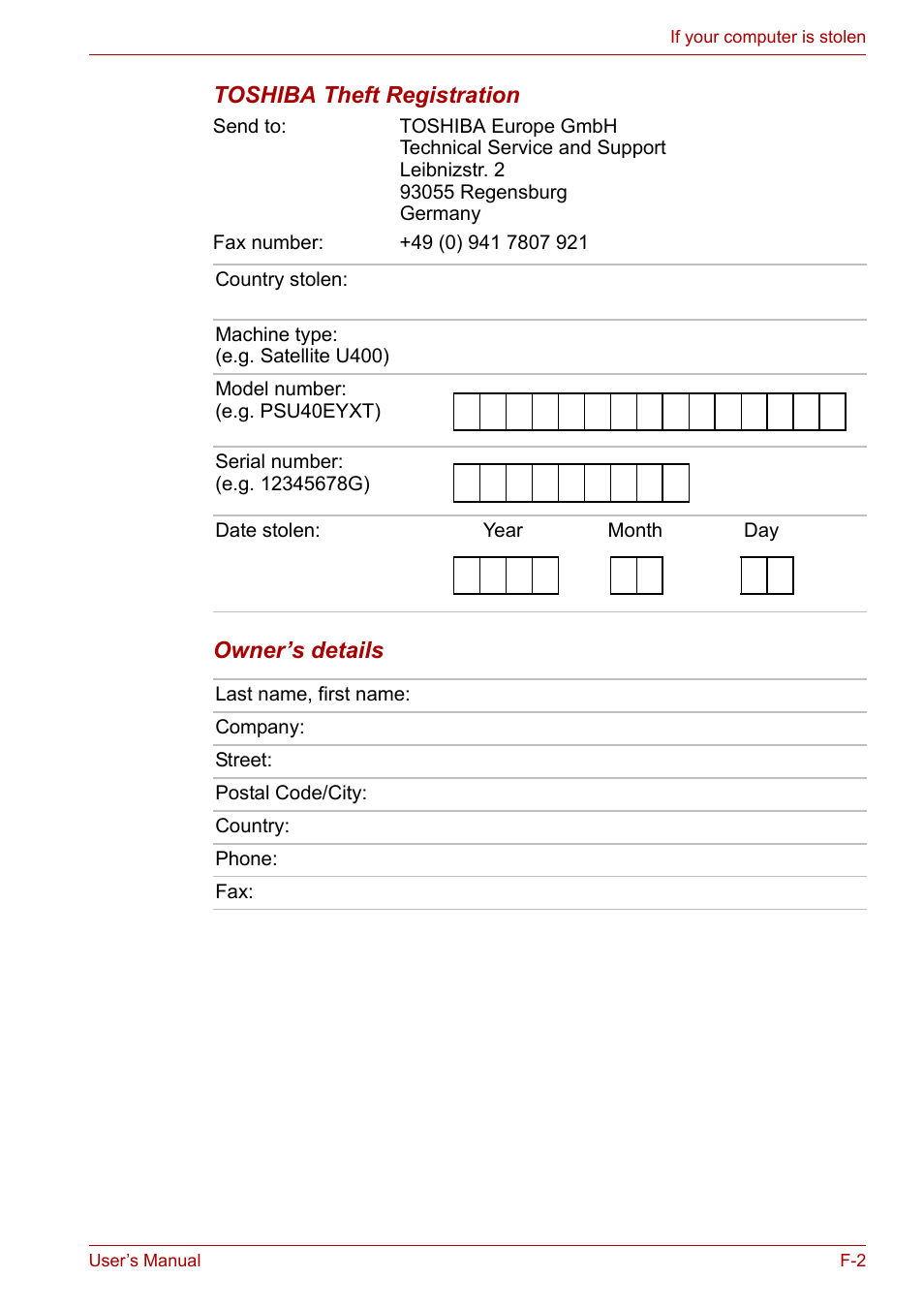 Toshiba theft registration, Owner’s details | Toshiba Satellite Pro P300 User Manual | Page 167 / 185