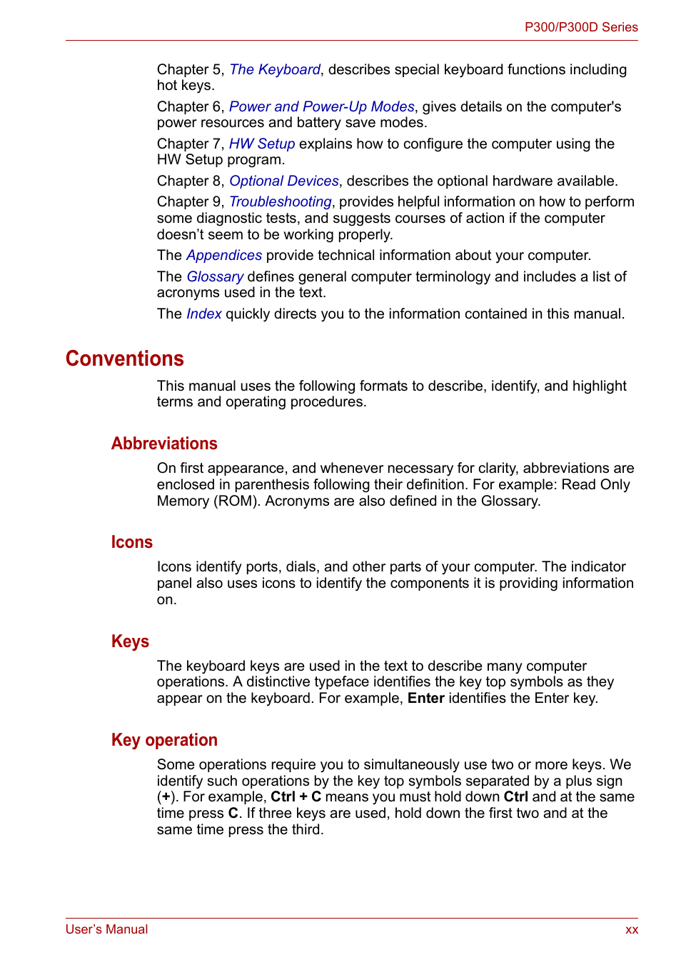 Conventions, Abbreviations, Icons | Keys, Key operation | Toshiba Satellite Pro P300 User Manual | Page 20 / 185