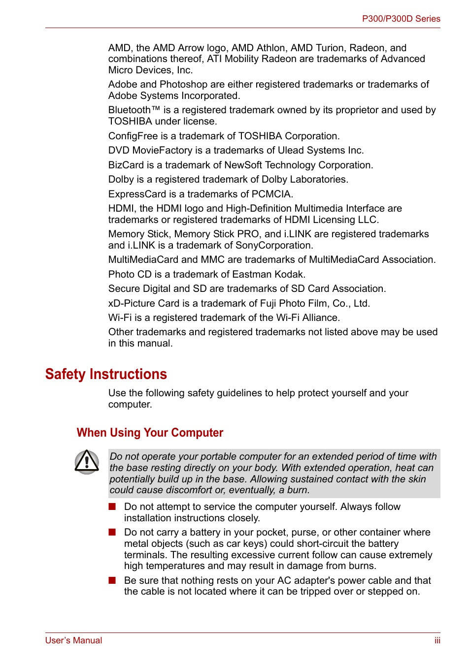 Safety lnstructions, When using your computer | Toshiba Satellite Pro P300 User Manual | Page 3 / 185