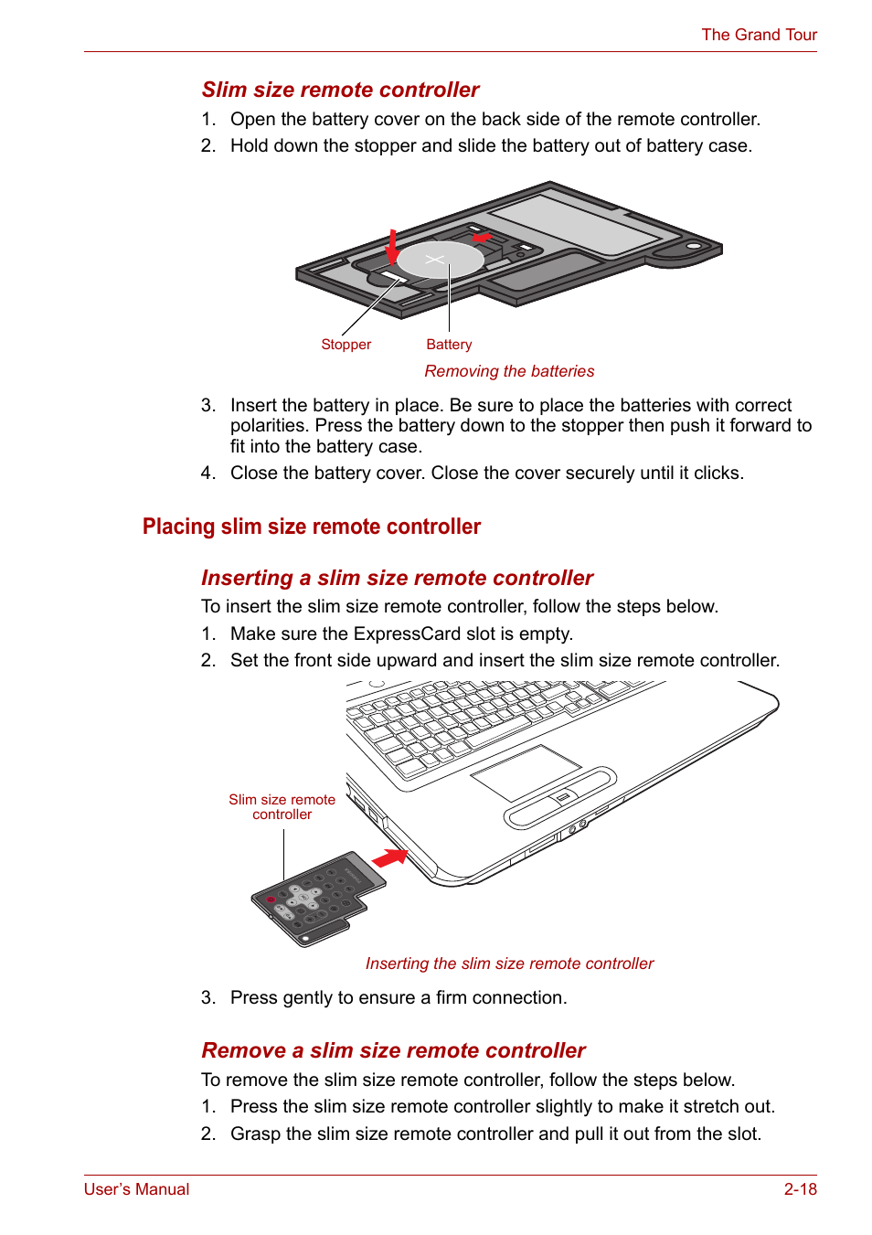 Placing slim size remote controller, Slim size remote controller, Inserting a slim size remote controller | Remove a slim size remote controller | Toshiba Satellite Pro P300 User Manual | Page 54 / 185