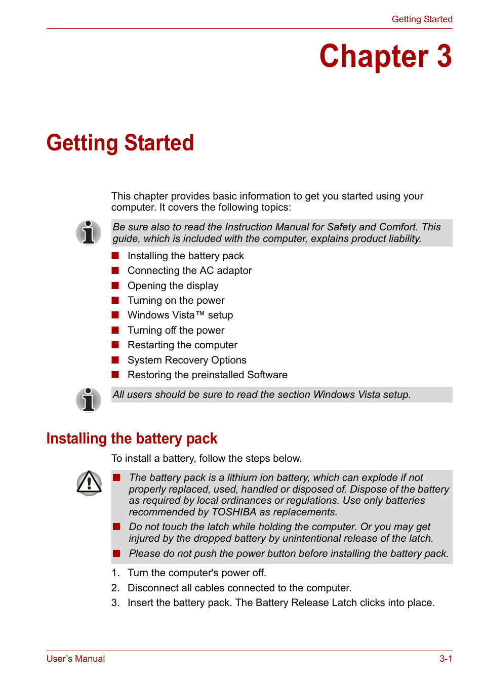 Chapter 3: getting started, Installing the battery pack, Chapter 3 | Getting started, Installing the battery pack -1, Provi | Toshiba Satellite Pro P300 User Manual | Page 55 / 185