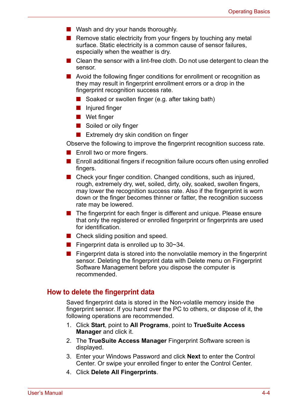 How to delete the fingerprint data | Toshiba Satellite Pro P300 User Manual | Page 70 / 185