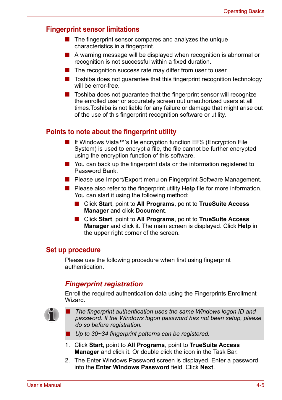 Fingerprint sensor limitations, Set up procedure | Toshiba Satellite Pro P300 User Manual | Page 71 / 185