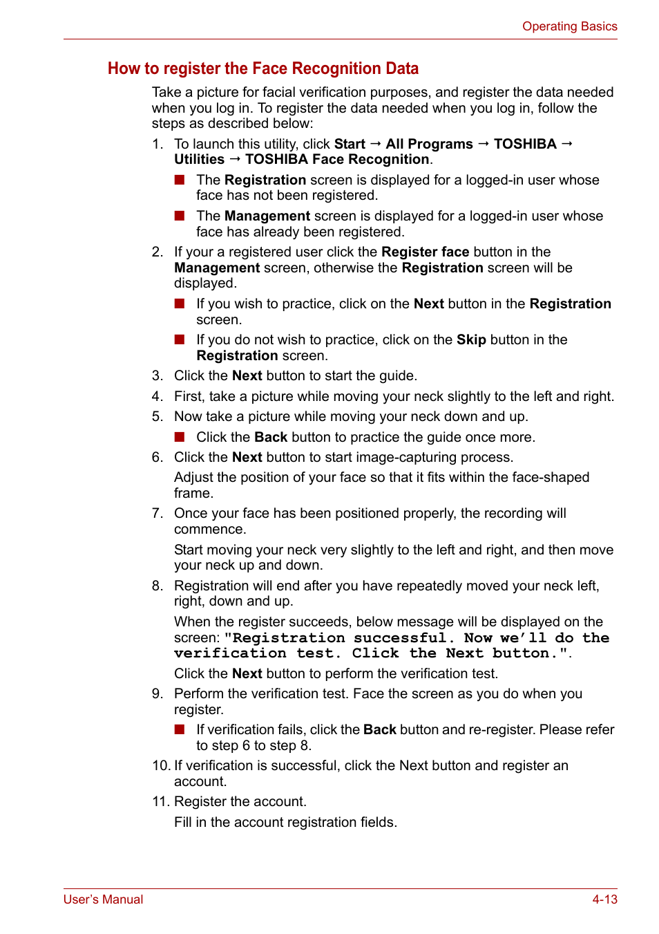 How to register the face recognition data | Toshiba Satellite Pro P300 User Manual | Page 79 / 185