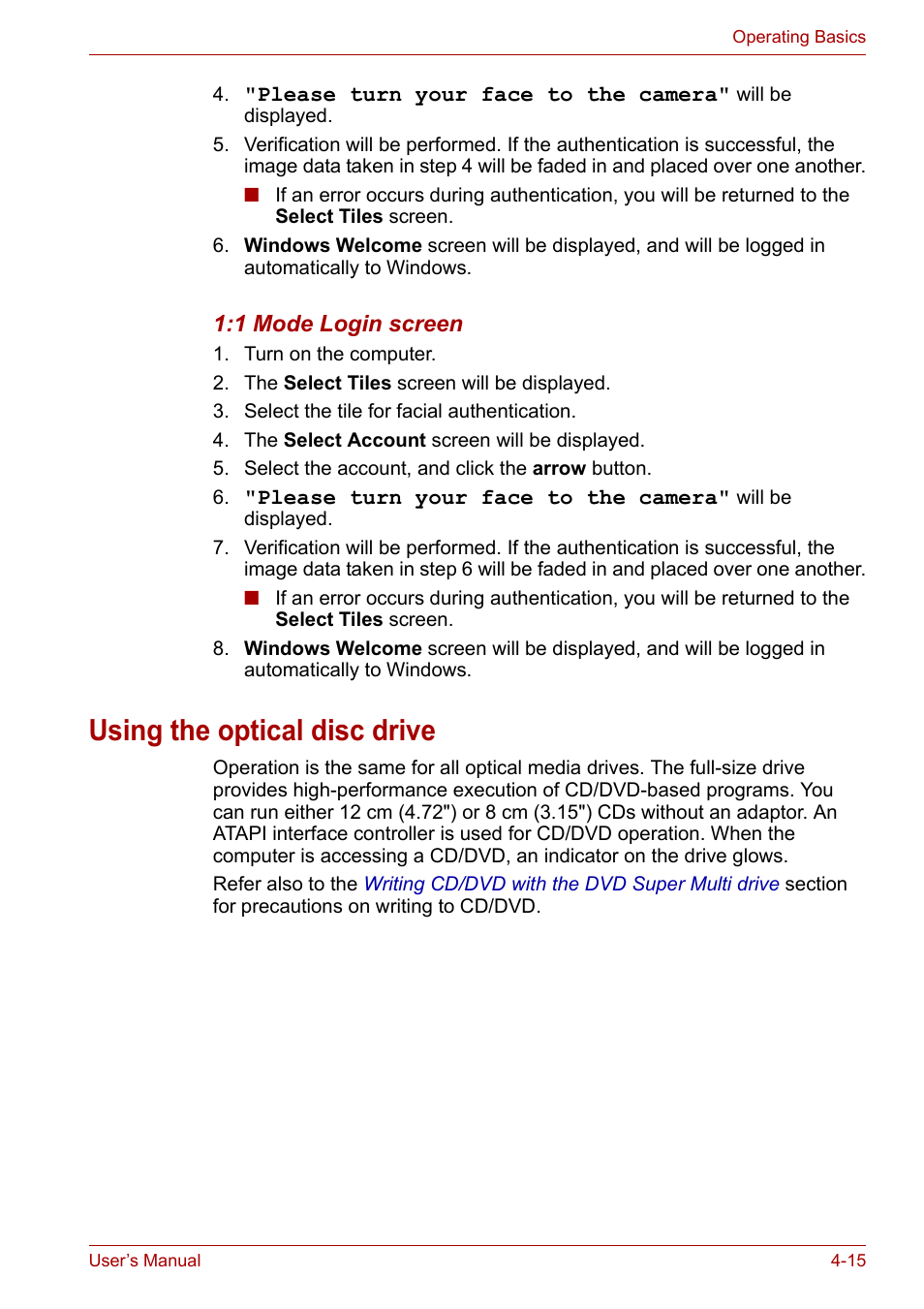 Using the optical disc drive, Using the optical disc drive -15 | Toshiba Satellite Pro P300 User Manual | Page 81 / 185