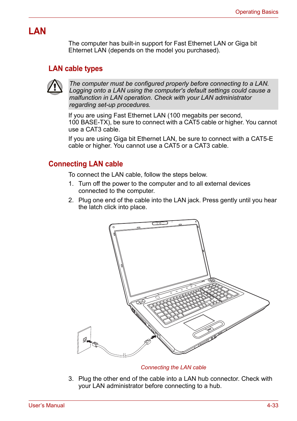 Lan -33, Lan cable types, Connecting lan cable | Toshiba Satellite Pro P300 User Manual | Page 99 / 185