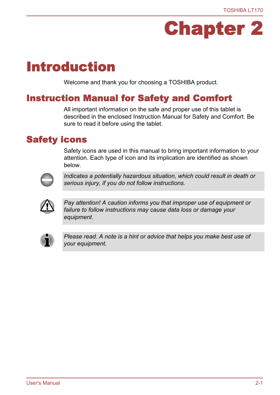 Chapter 2 introduction, Instruction manual for safety and comfort, Safety icons | Chapter 2, Introduction | Toshiba LT170 User Manual | Page 12 / 77