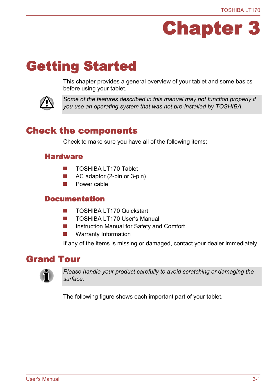 Chapter 3 getting started, Check the components, Hardware | Documentation, Grand tour, Chapter 3, Getting started, Check the components -1 grand tour -1 | Toshiba LT170 User Manual | Page 13 / 77