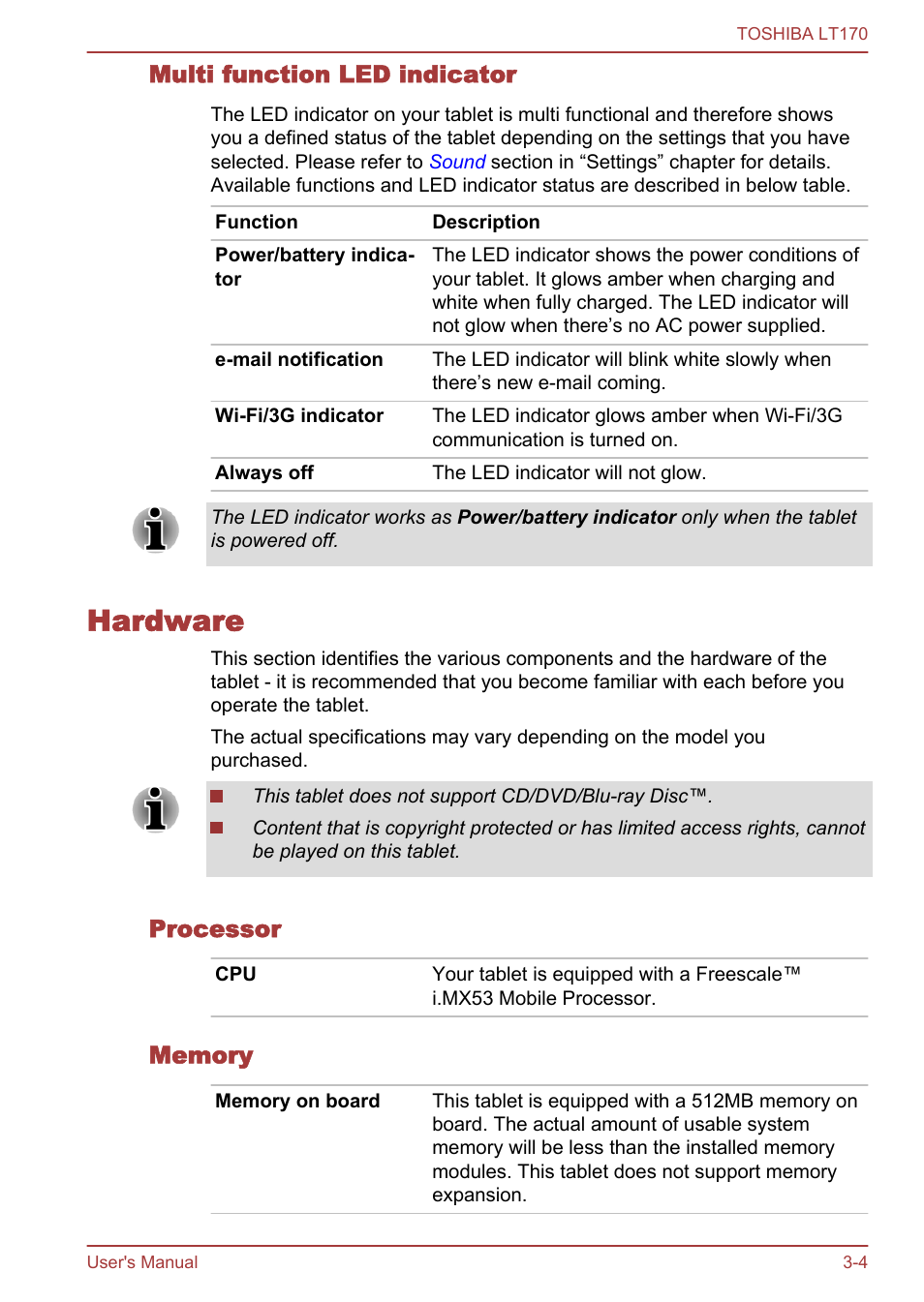 Multi function led indicator, Hardware, Processor | Memory, Hardware -4, Multi function led, Indicator, For details | Toshiba LT170 User Manual | Page 16 / 77