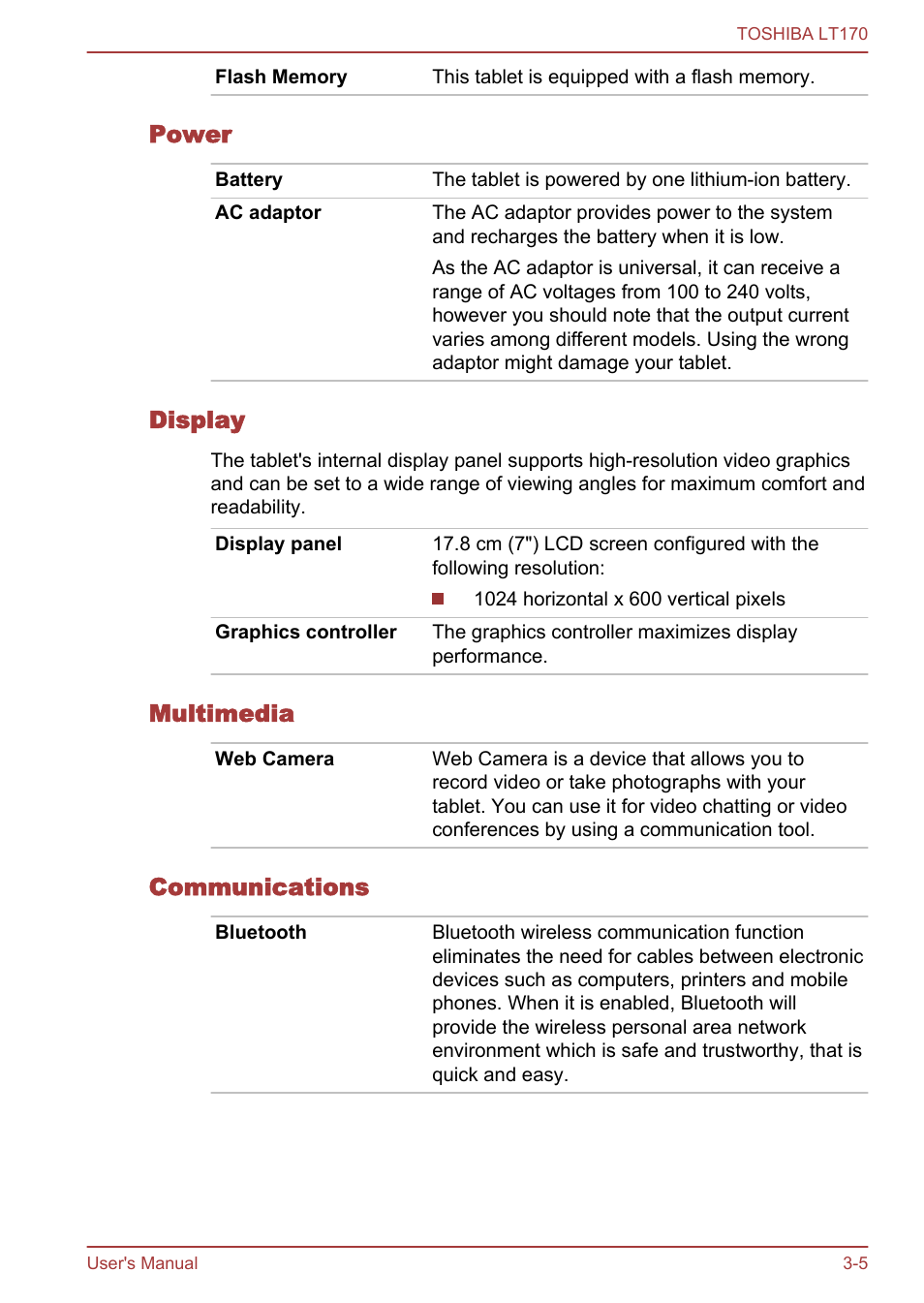 Power, Display, Multimedia | Communications | Toshiba LT170 User Manual | Page 17 / 77