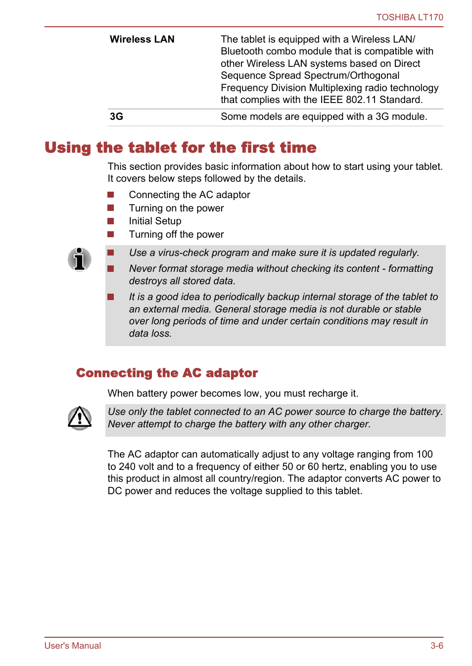 Using the tablet for the first time, Connecting the ac adaptor, Using the tablet for the first time -6 | Toshiba LT170 User Manual | Page 18 / 77