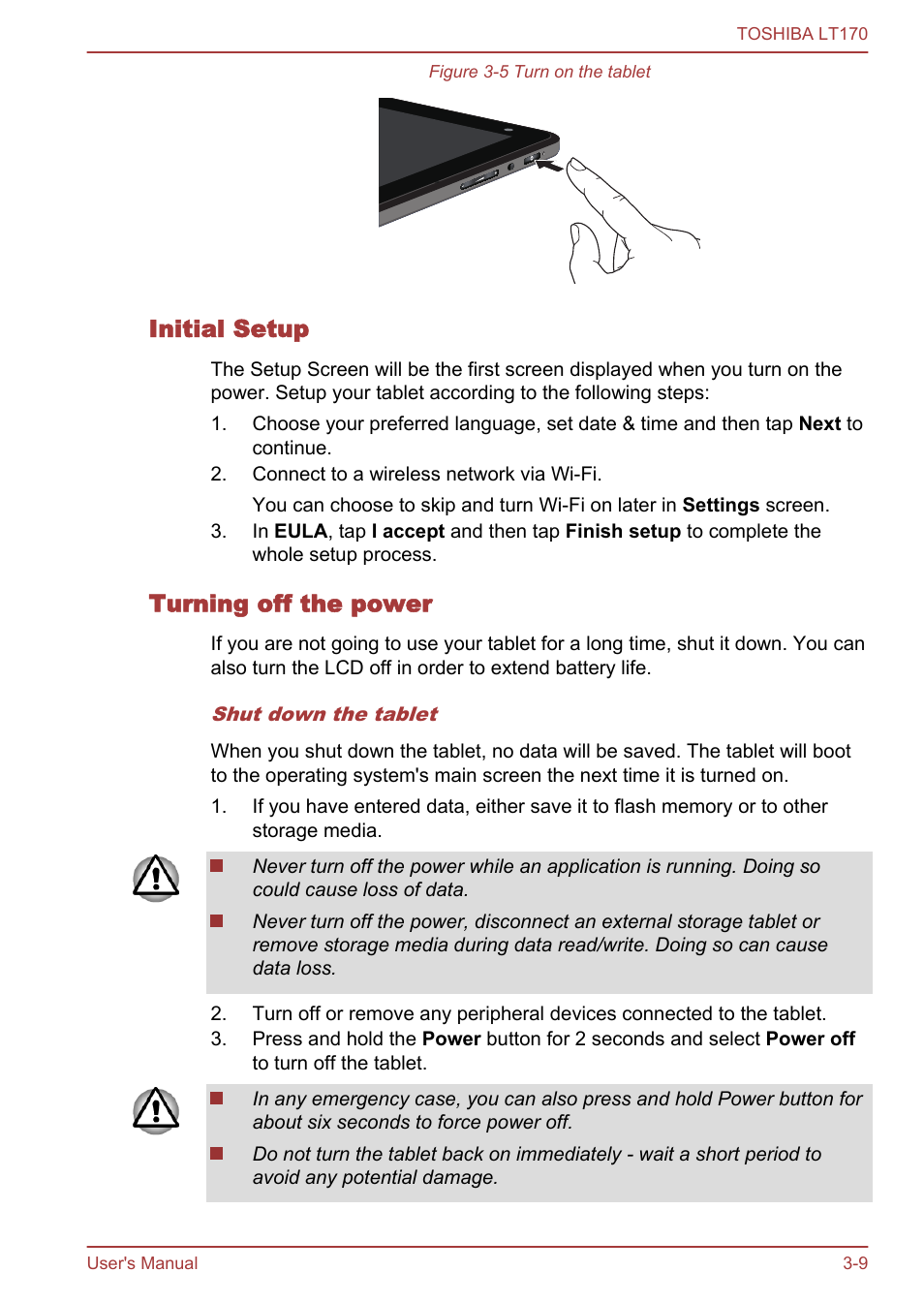 Initial setup, Turning off the power | Toshiba LT170 User Manual | Page 21 / 77