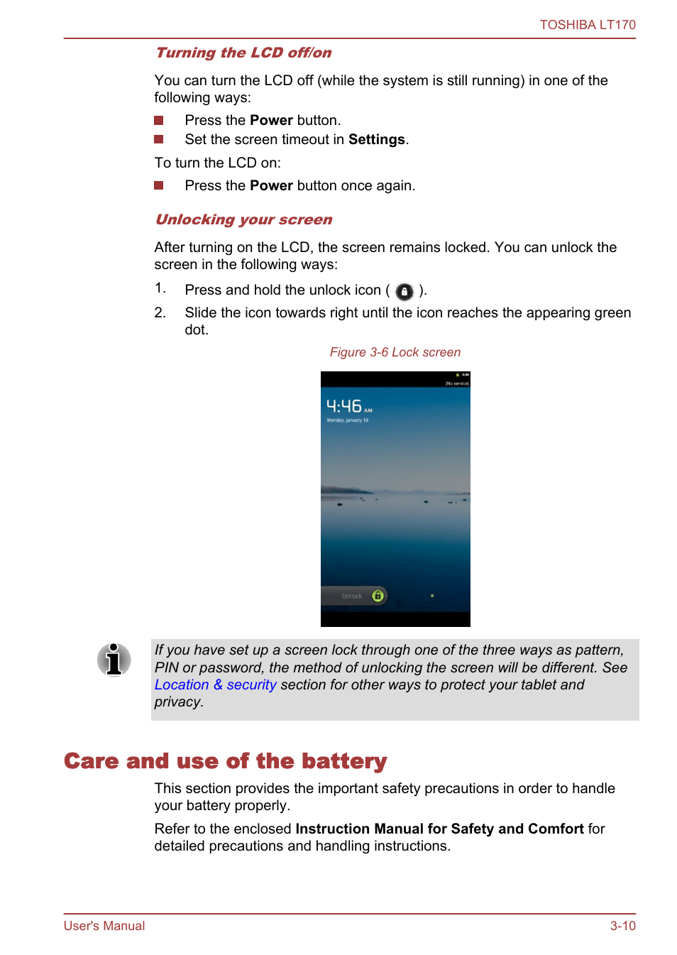 Care and use of the battery, Care and use of the battery -10 | Toshiba LT170 User Manual | Page 22 / 77