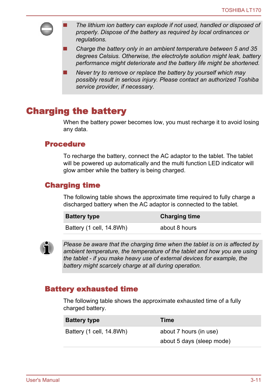 Charging the battery, Procedure, Charging time | Battery exhausted time, Charging the battery -11 | Toshiba LT170 User Manual | Page 23 / 77