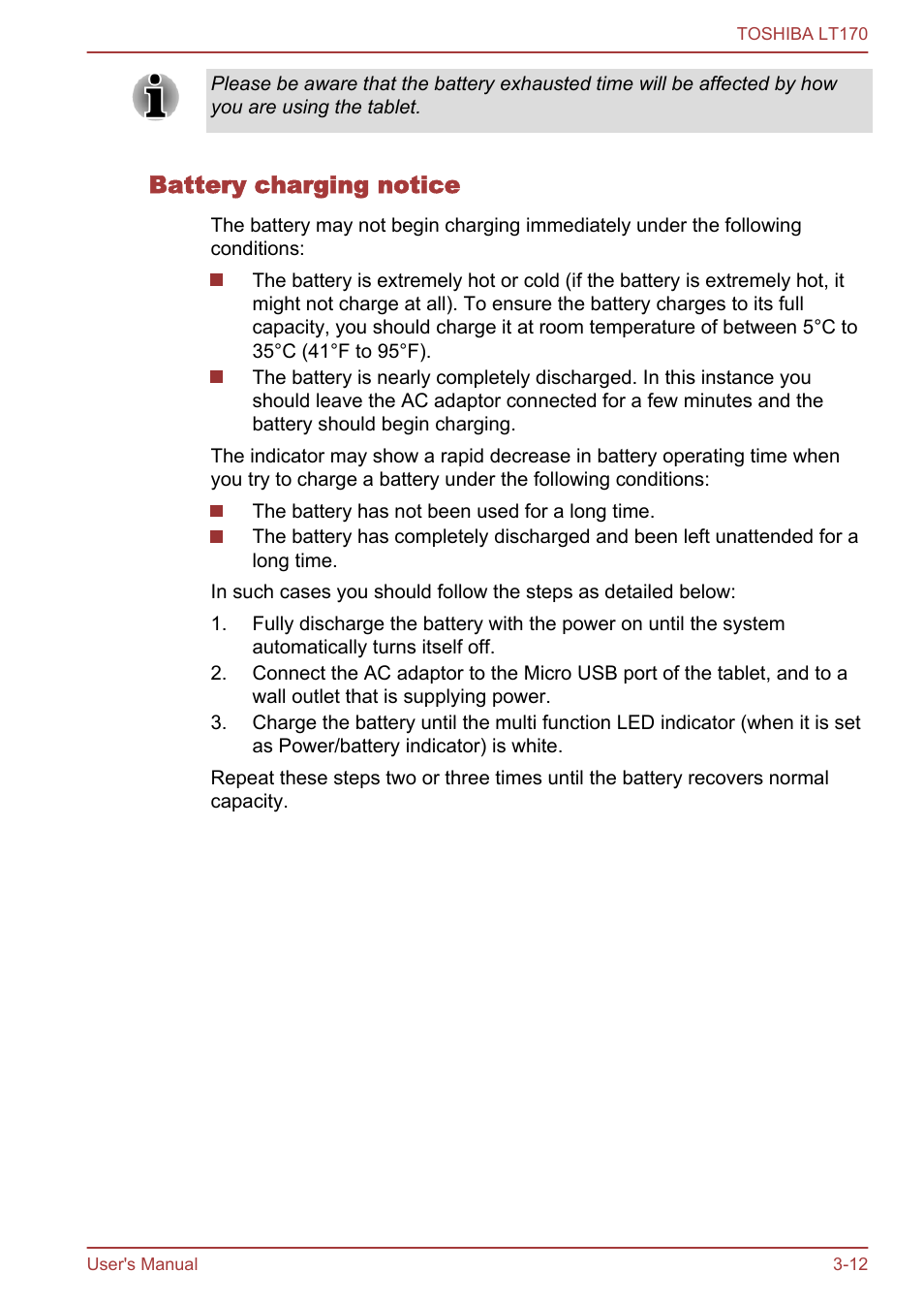 Battery charging notice | Toshiba LT170 User Manual | Page 24 / 77