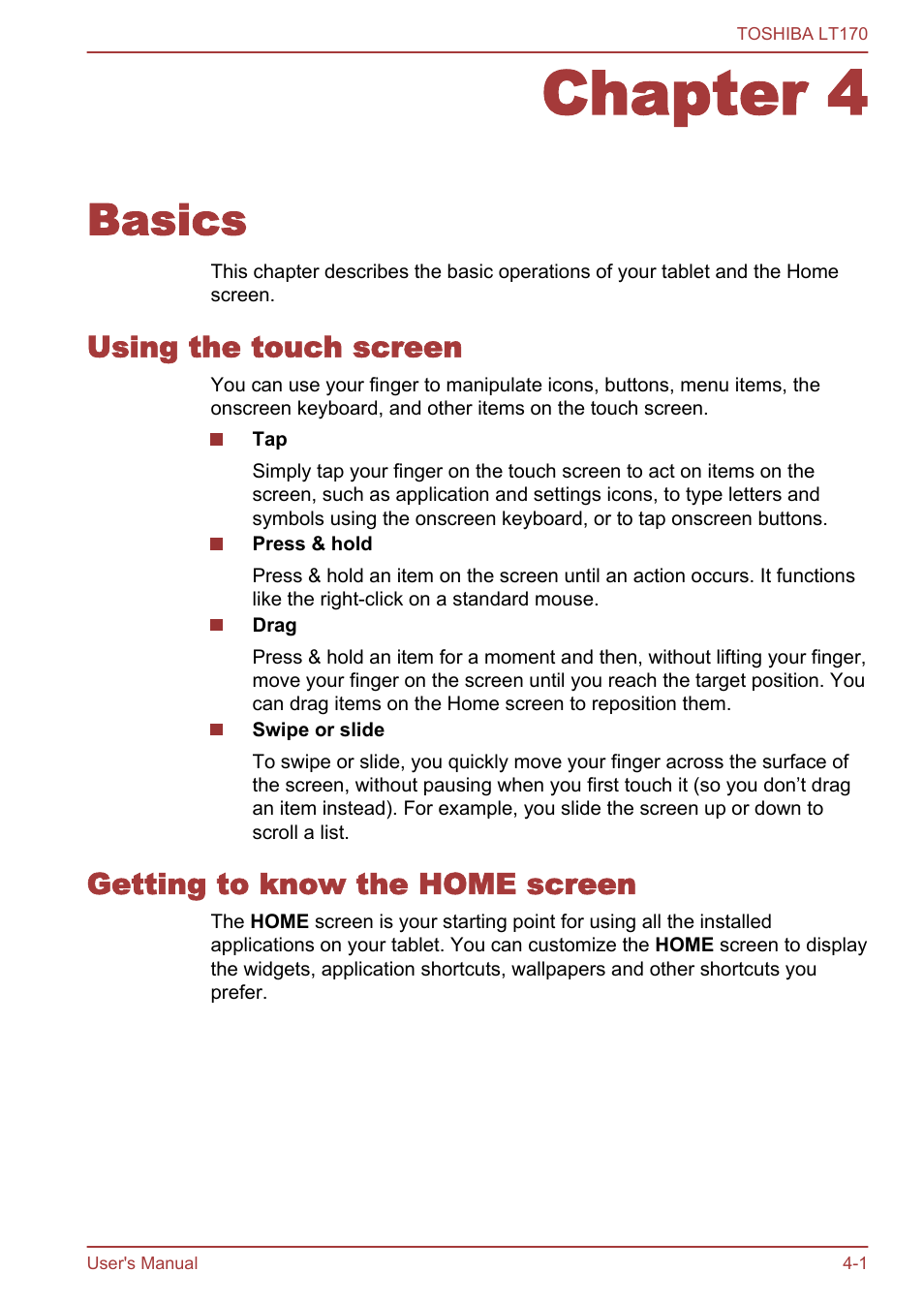 Chapter 4 basics, Using the touch screen, Getting to know the home screen | Chapter 4, Basics, Section in | Toshiba LT170 User Manual | Page 25 / 77