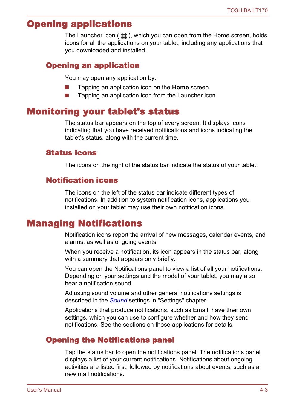 Opening applications, Opening an application, Monitoring your tablet’s status | Status icons, Notification icons, Managing notifications, Opening the notifications panel | Toshiba LT170 User Manual | Page 27 / 77