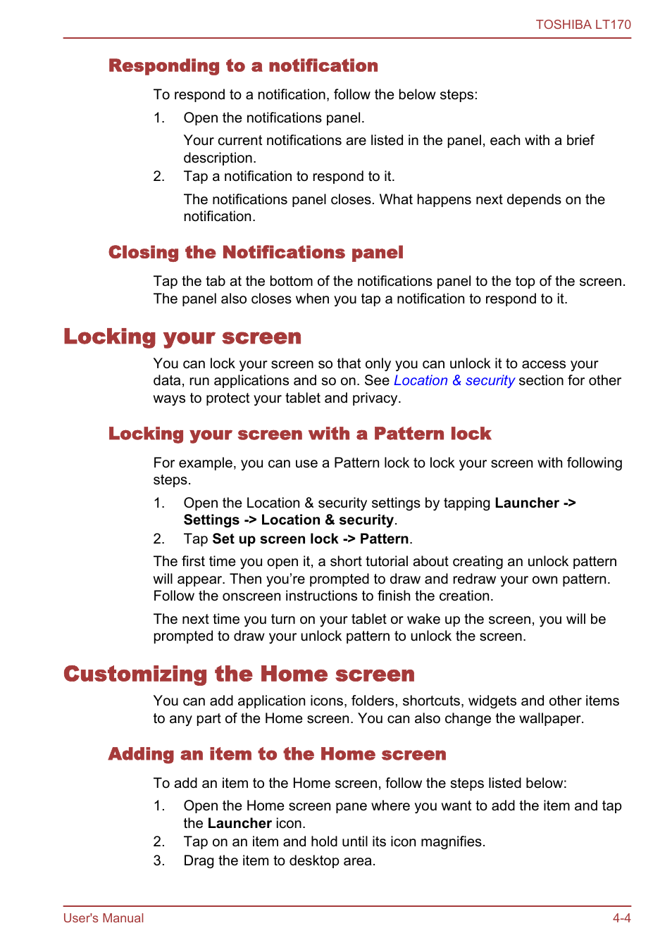 Responding to a notification, Closing the notifications panel, Locking your screen | Locking your screen with a pattern lock, Customizing the home screen, Adding an item to the home screen | Toshiba LT170 User Manual | Page 28 / 77