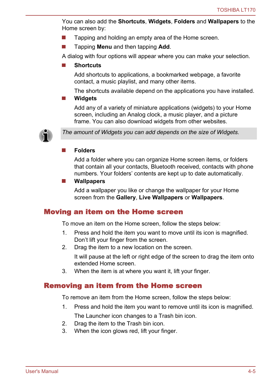 Moving an item on the home screen, Removing an item from the home screen | Toshiba LT170 User Manual | Page 29 / 77