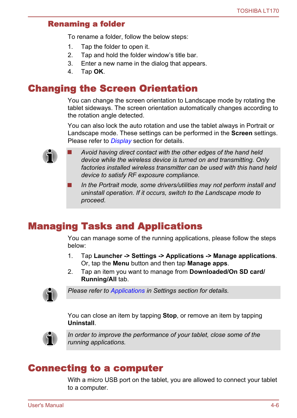 Renaming a folder, Changing the screen orientation, Managing tasks and applications | Connecting to a computer, Connecting to a computer -6 | Toshiba LT170 User Manual | Page 30 / 77