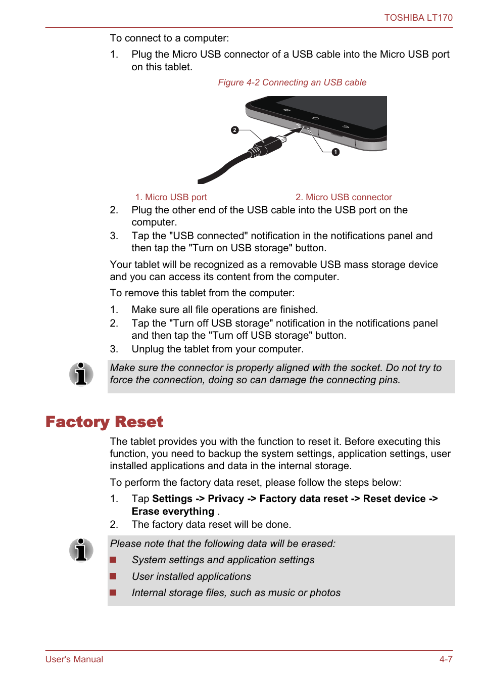 Factory reset, Factory reset -7 | Toshiba LT170 User Manual | Page 31 / 77